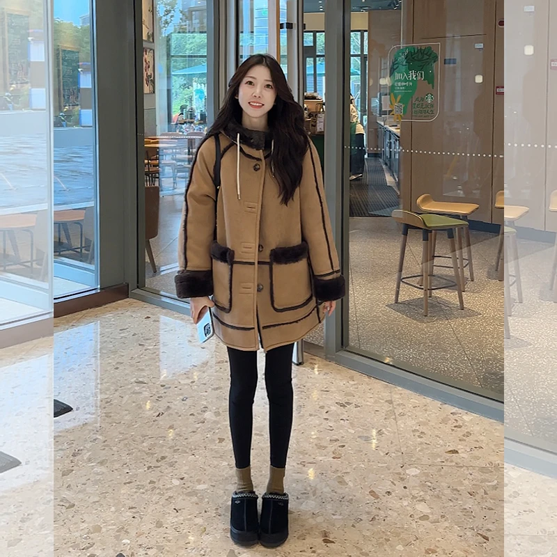 壹壹【圣托里尼日落】秋冬加绒连帽拼接宽松毛毛加厚外套 2310A01