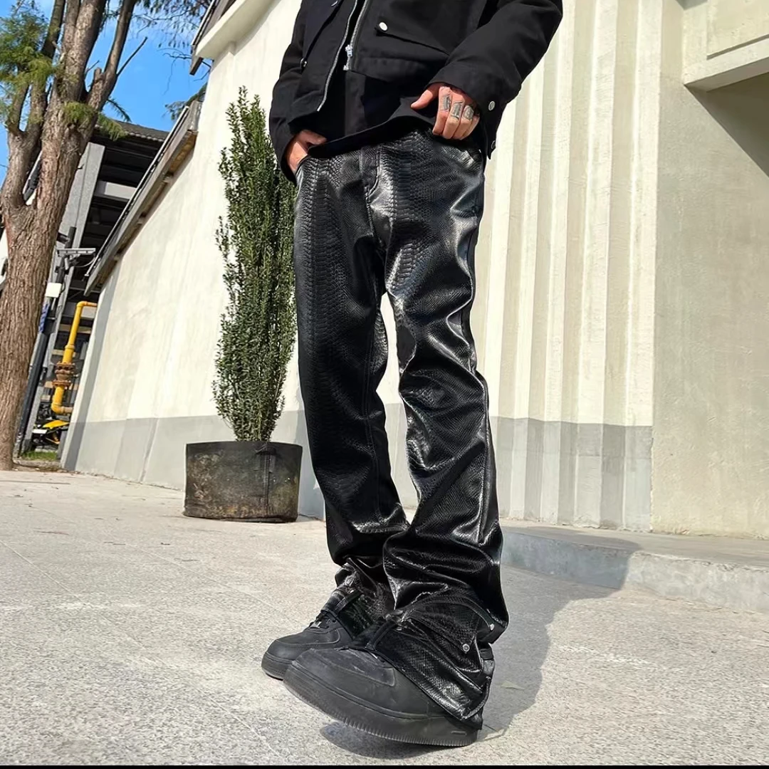 买手店爆款国潮直筒潮牌蛇纹休闲长裤宽松高街PU皮hiphop皮裤男女