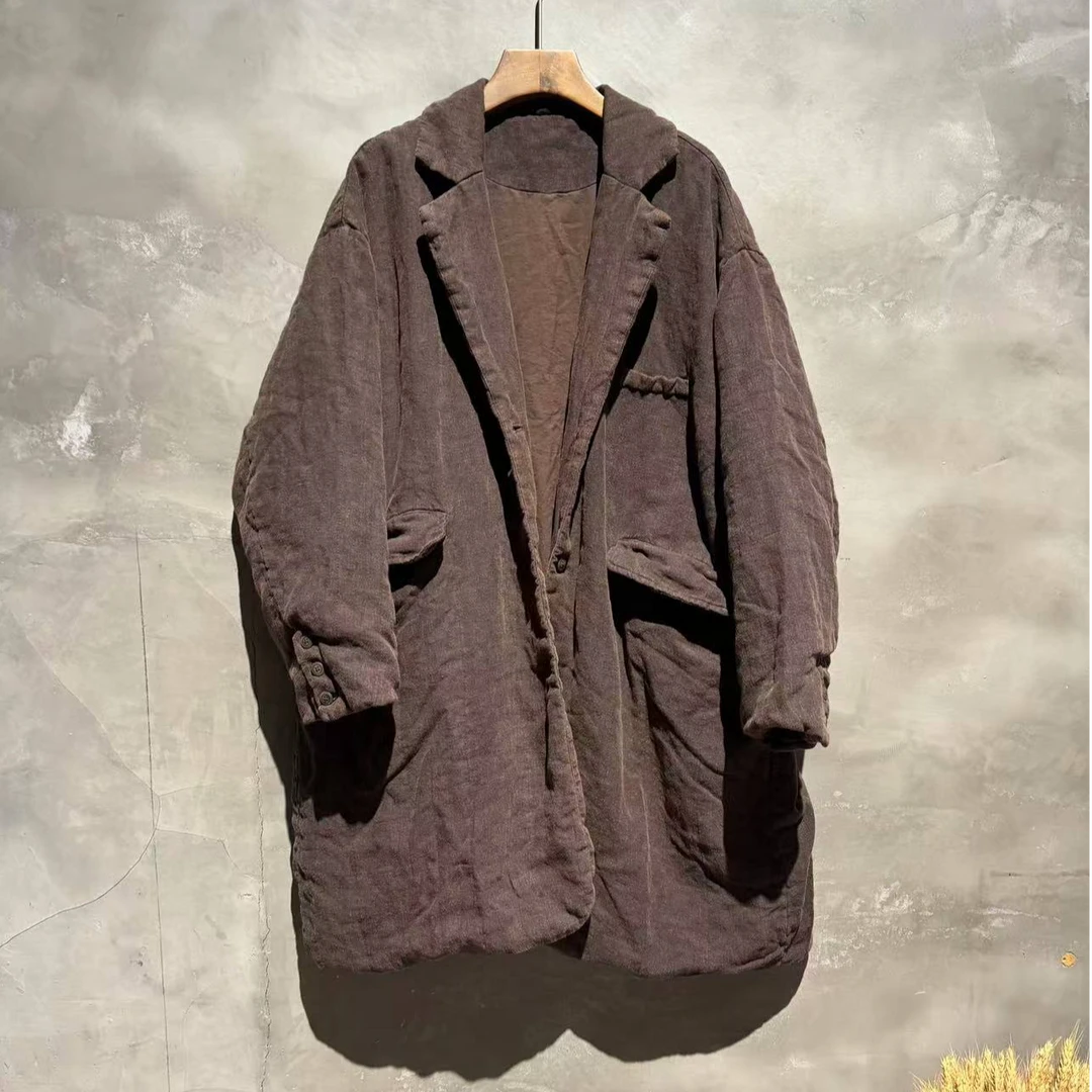 無界原创高品质亚麻中长款宽松休闲西服款棉服