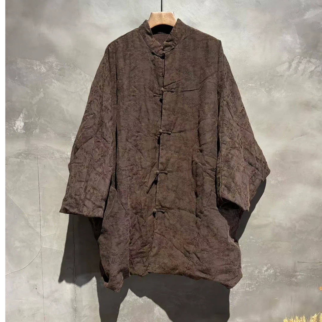 無界原创高品质提花中长款宽松休闲盘扣棉服