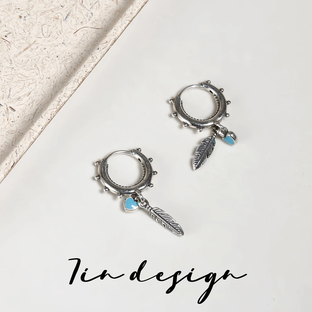 925银耳饰 7in【心羽】小众设计复古蓝色爱心简约百搭叠戴925耳环