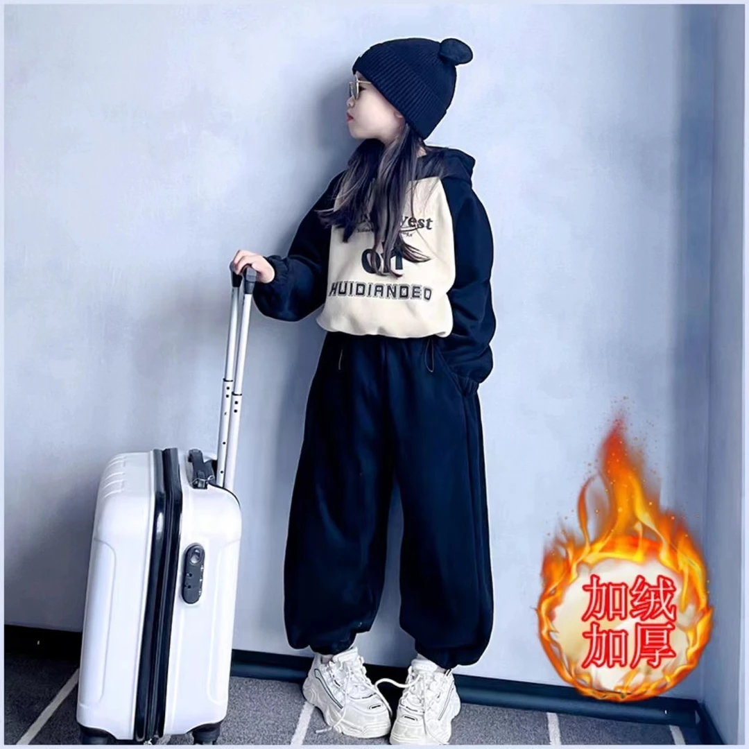 女童休闲运动服套装2024秋冬新款女大童韩版宽松加绒卫衣两件套潮