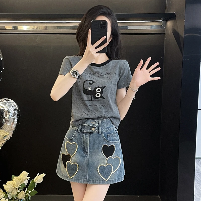 时尚套装女2025夏季短袖t恤女小个子显瘦洋气牛仔短裙两件套潮