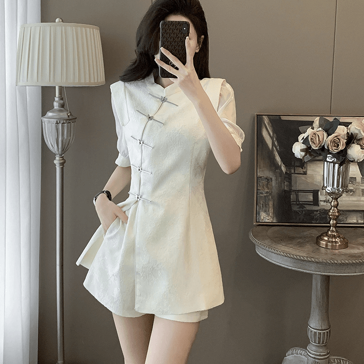 夏季新中式国风套装中长款修身显瘦气质绝美上衣女洋气短裤两件套