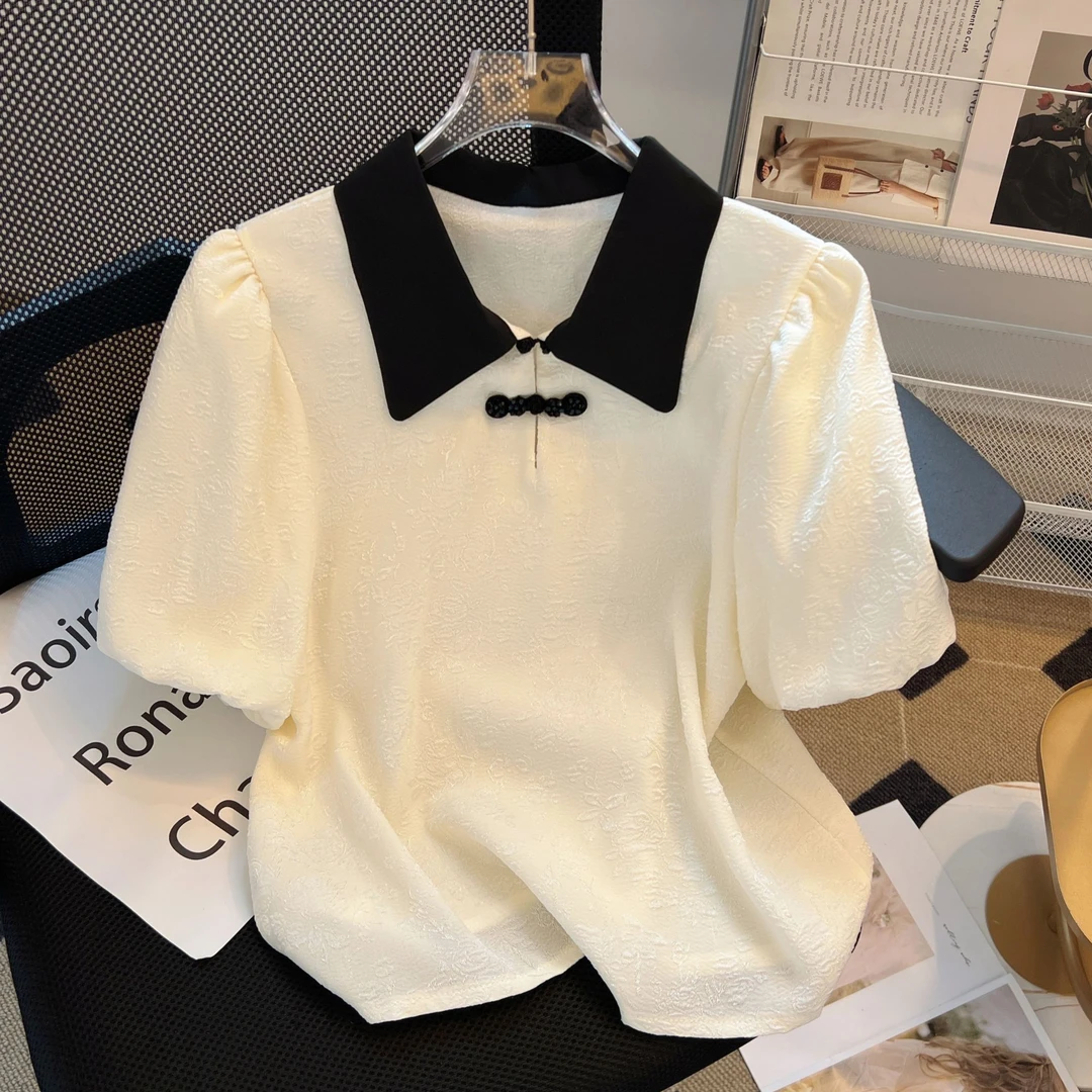 短袖t恤女2025夏季新款复古盘扣提花雪纺衫宽松显瘦气质小衫上衣