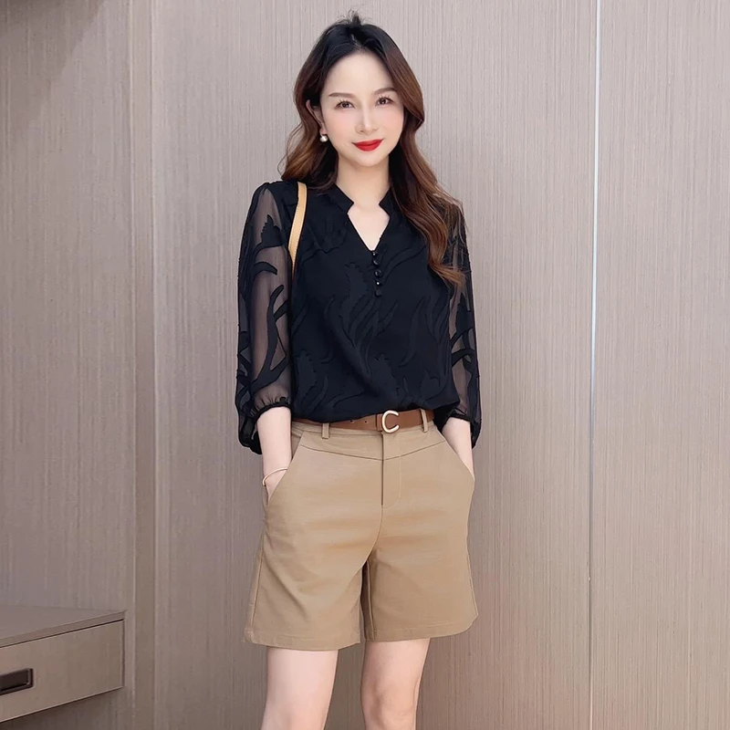 V领短袖提花雪纺衫女2025夏季新款气质时尚洋气衬衫宽松显瘦上衣