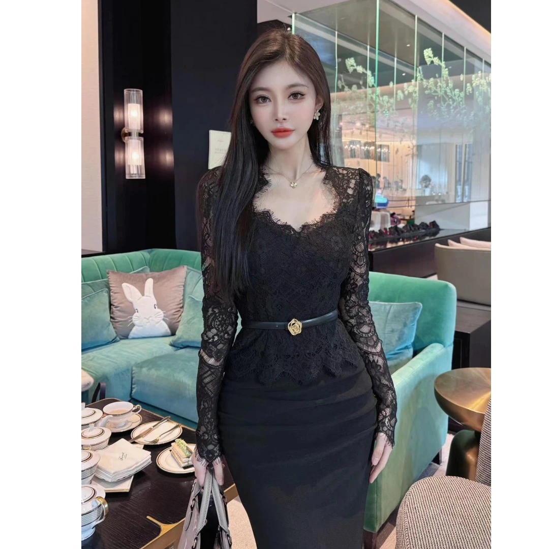 法式时尚套装女春秋季2025新款修身蕾丝打底衫包臀半身裙两件套