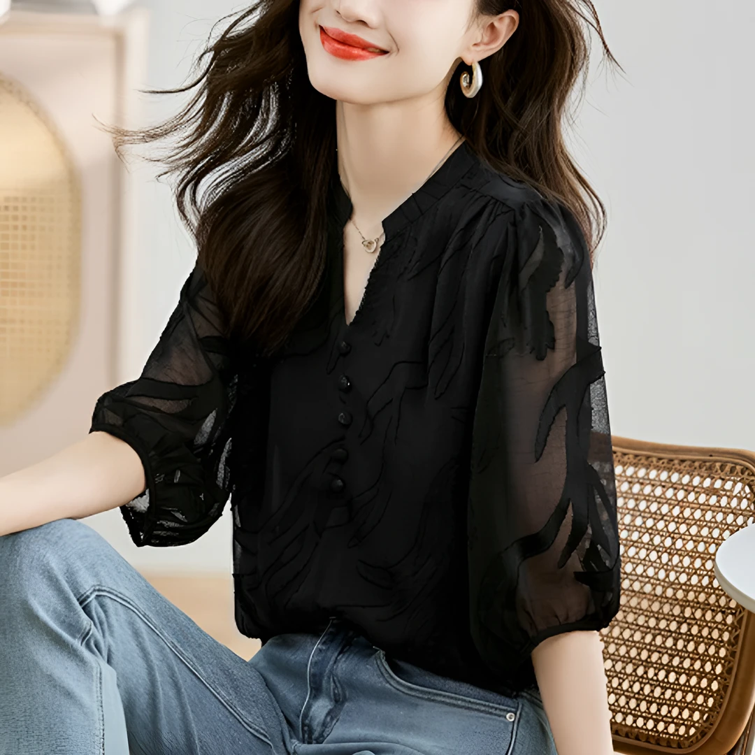 短袖雪纺衫女2025夏季新款时尚洋气V领提花蕾丝衬衫宽松遮肚上衣