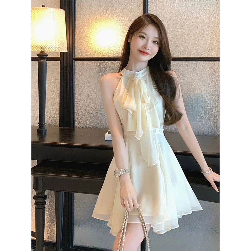 无袖雪纺连衣裙女2025夏季新款女装洋气高级感挂脖收腰a字短裙子