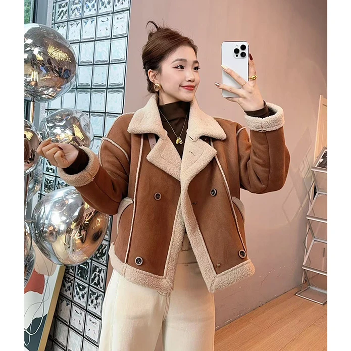 韩系皮毛一体羊羔绒机车外套女款秋冬新款爆款时尚高级感气质上衣