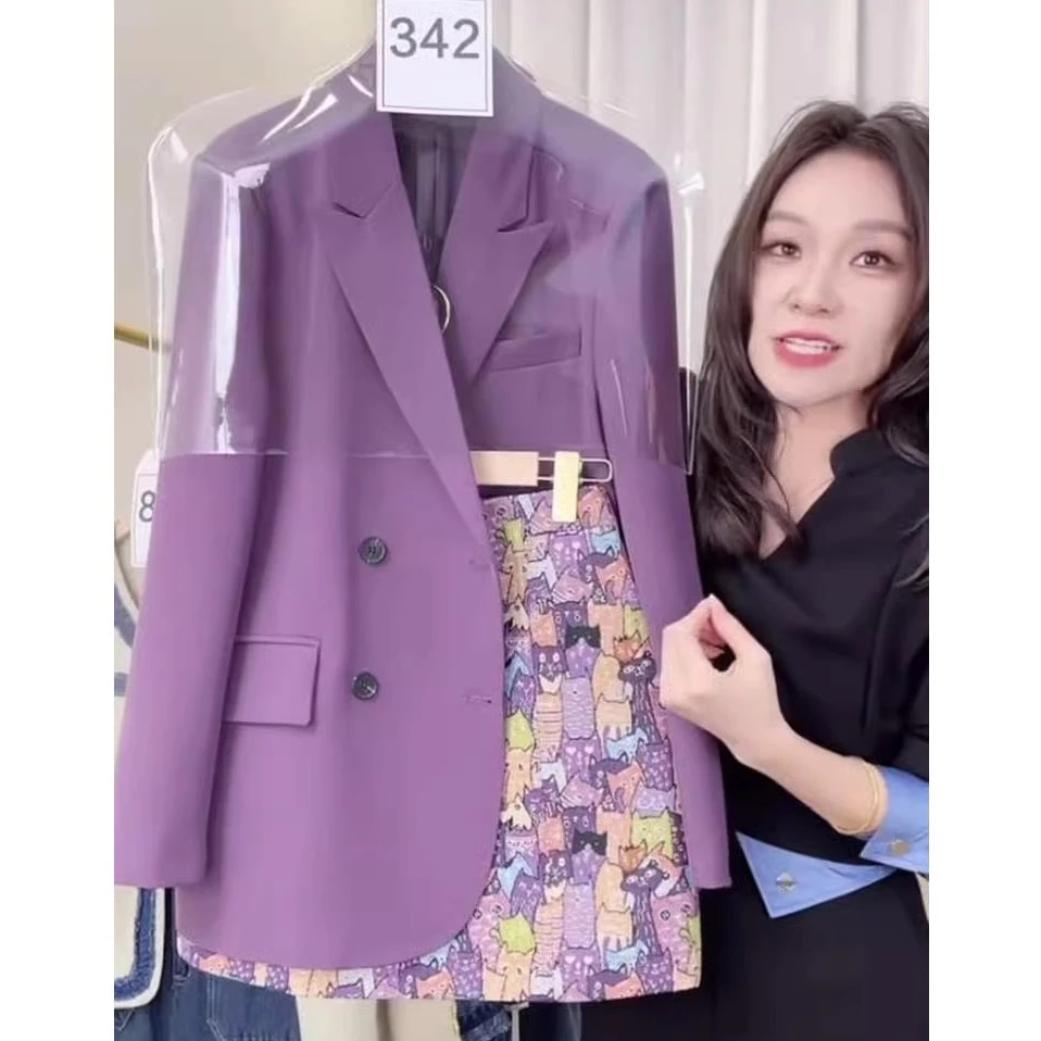 美拉德爆款2025春秋时尚高级感紫色西装外套+印花短裙子两件套装