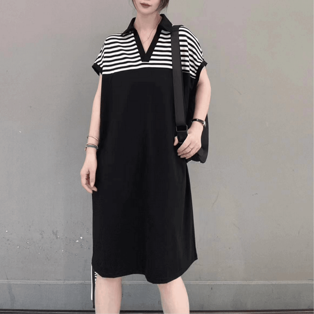 【雨田定制】宽松连衣裙2024年夏季条纹拼接针织减龄遮肚显瘦裙