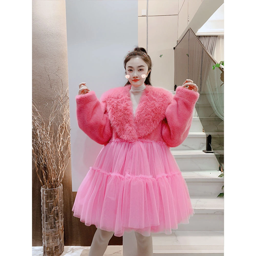 设计师定制毛毛绒拼接网纱加厚保暖外套