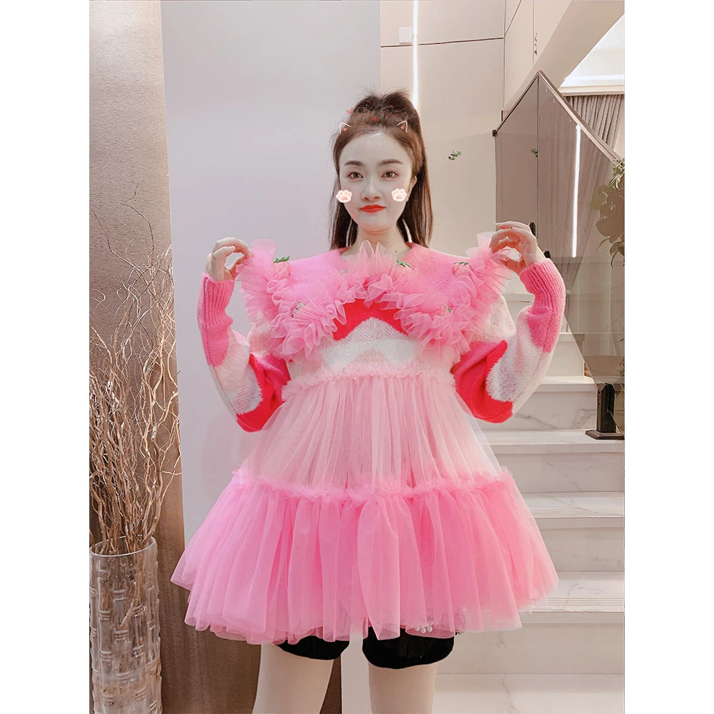 娃娃领蕾丝花边撞色拼接网纱毛衣连衣裙蓬蓬裙女