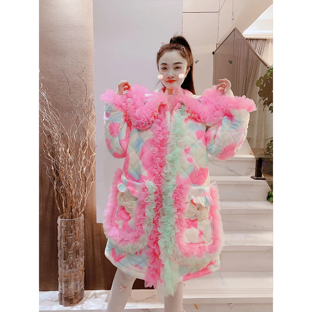 娃娃领高级定制蕾丝花边加厚保暖棉衣外套