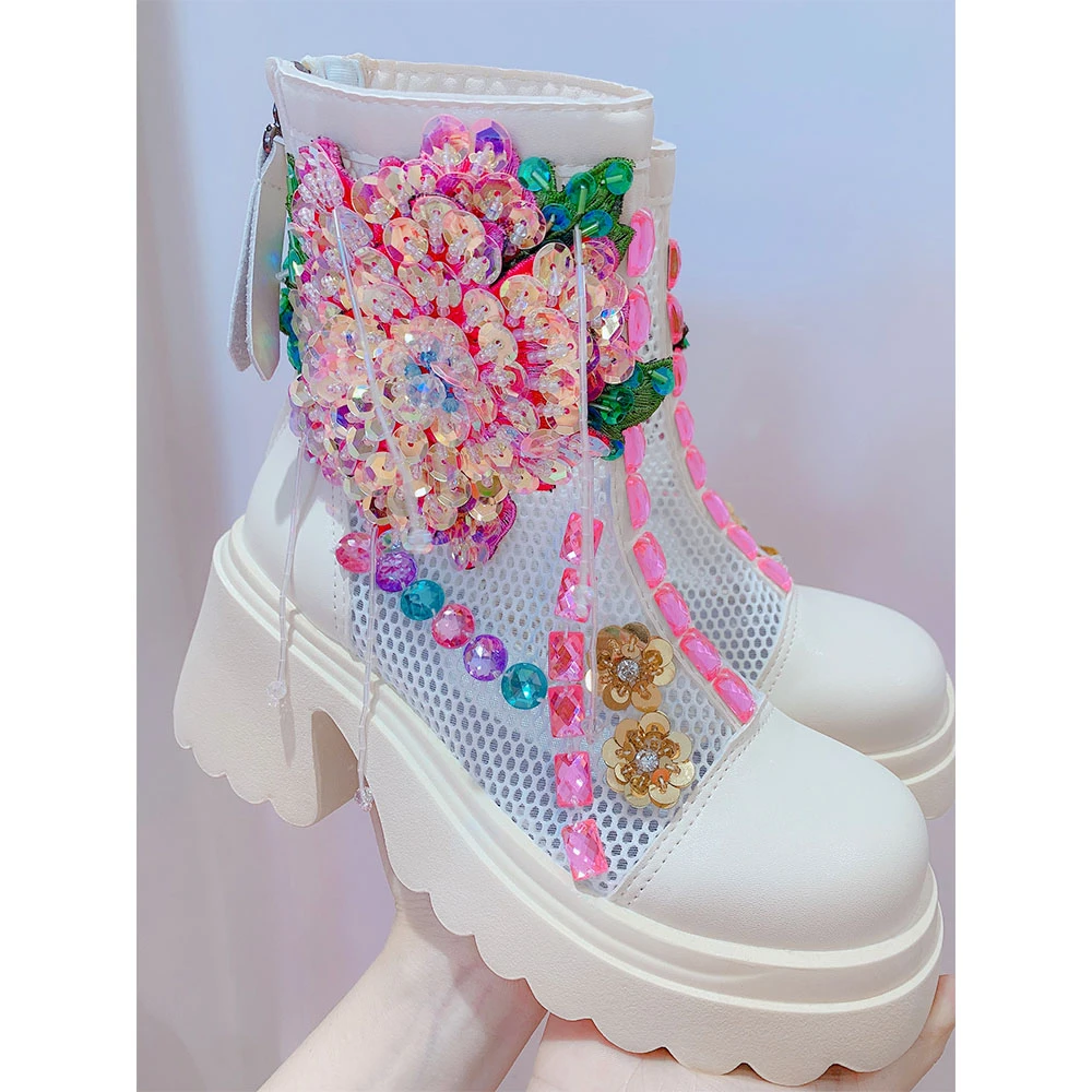 泰国潮牌重工定制立体花朵手工网靴时尚短靴