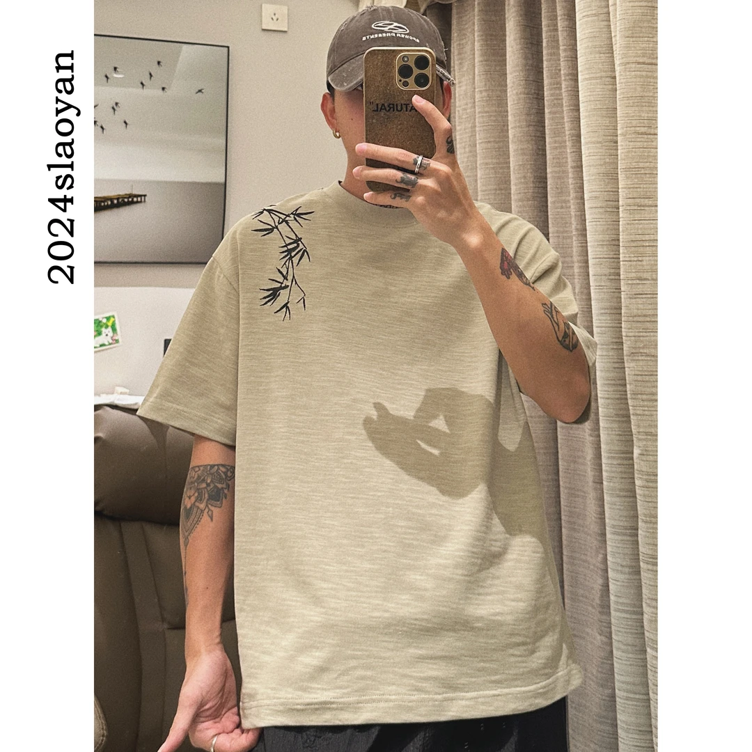 老颜原创中国风重磅300克纯棉短袖男士夏季新款宽松圆领刺绣t恤潮