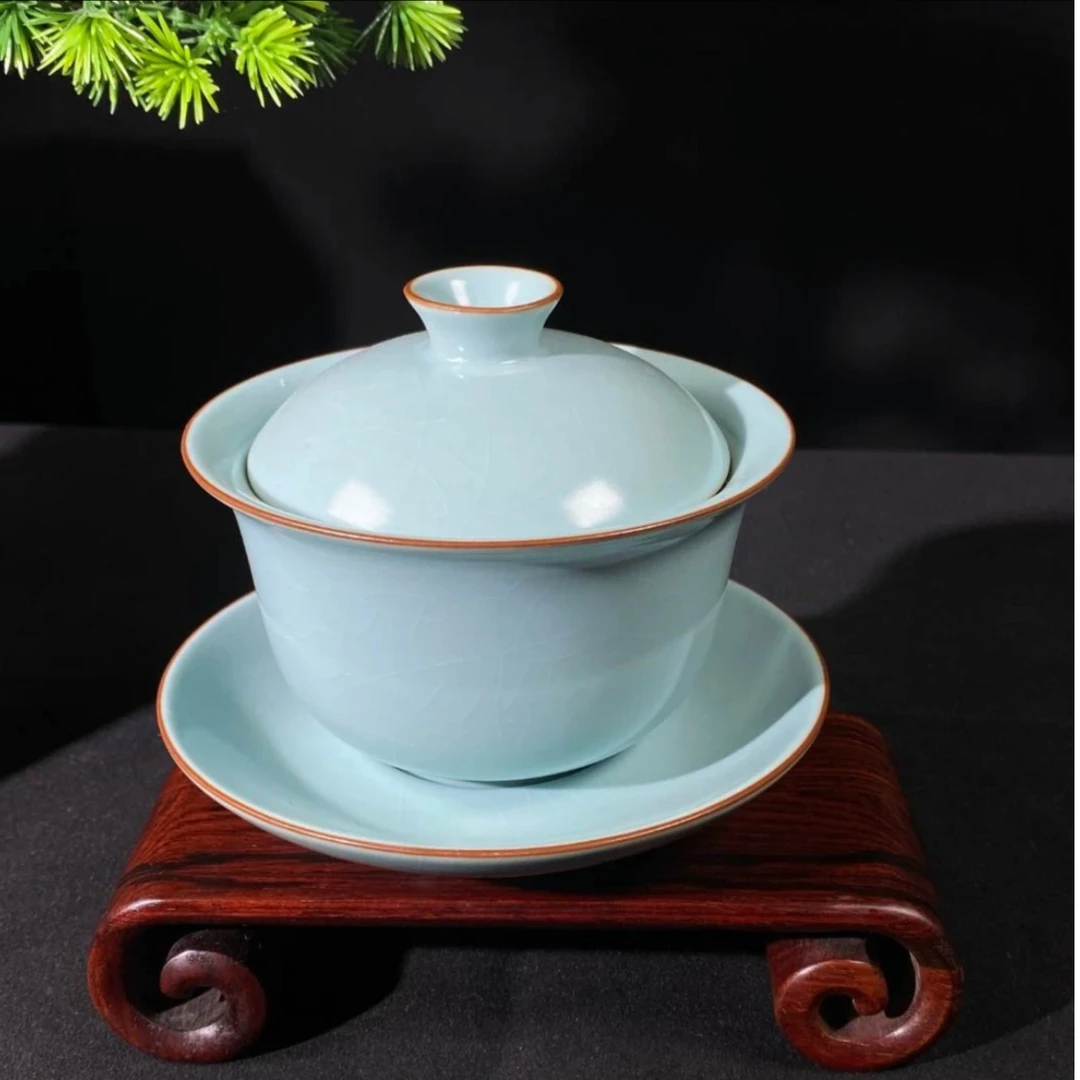 恒缘天青汝窑盖碗元宝三才大号手工开片可养功夫茶具家用陶瓷望舒