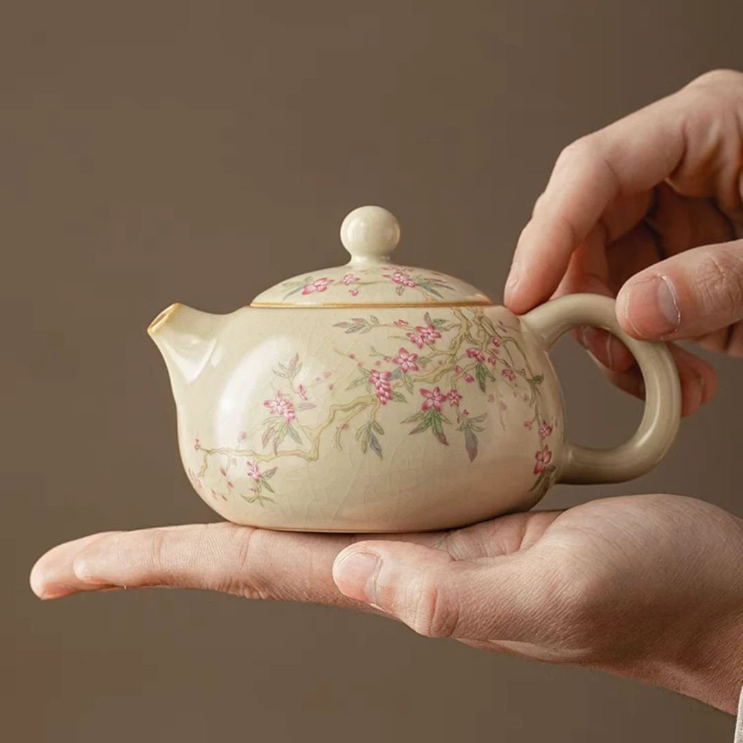 古汝米黄汝窑西施壶茶壶茶杯功夫茶具单壶泡茶家用陶瓷桃枝望舒阁