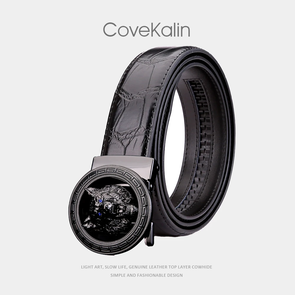 Covekalin真牛皮皮带男士时尚休闲狼头鳄鱼纹男款潮流潮韩版腰带