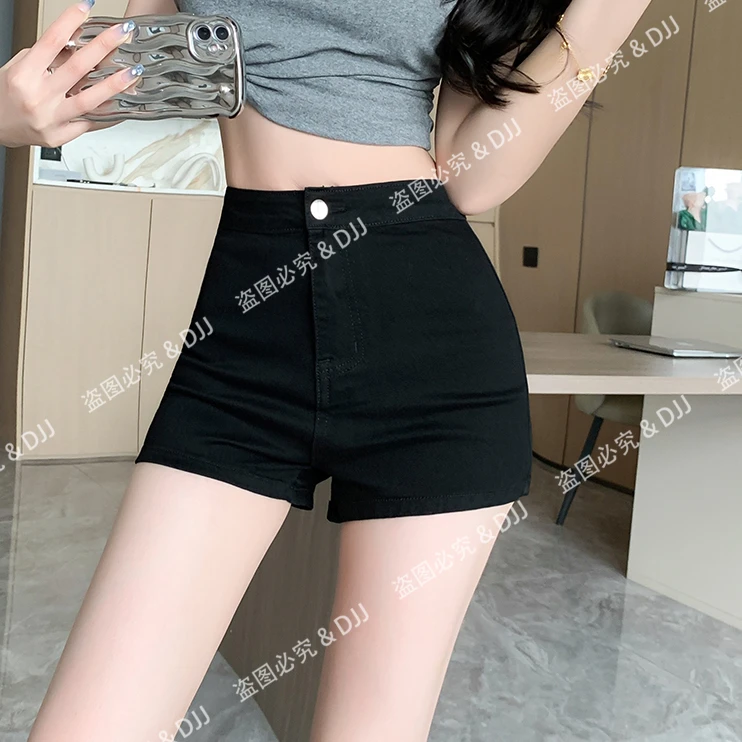 美式百搭紧身高弹力热裤包臀高腰牛仔热裤辣妹短裤夏季小个子黑色
