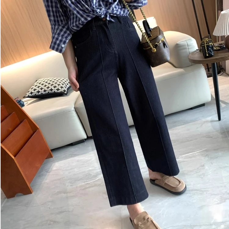 洋气黑金色九分直筒裤秋季新款梨型身材高腰显瘦弹力阔腿牛仔裤子