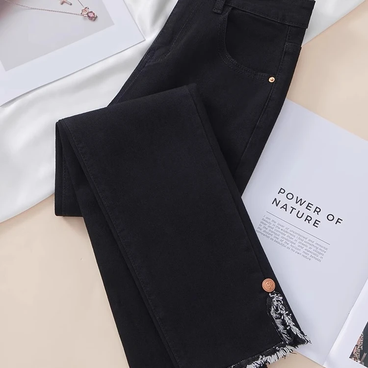 2024春季大码女装直筒设计感开叉九分烟管裤女高腰显瘦弹力牛仔裤