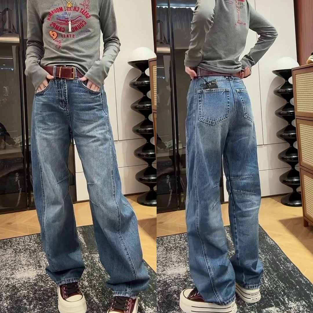 2024秋季新款爆款时尚弯刀裤胖MM梨型身材高腰显瘦宽松牛仔拖地裤