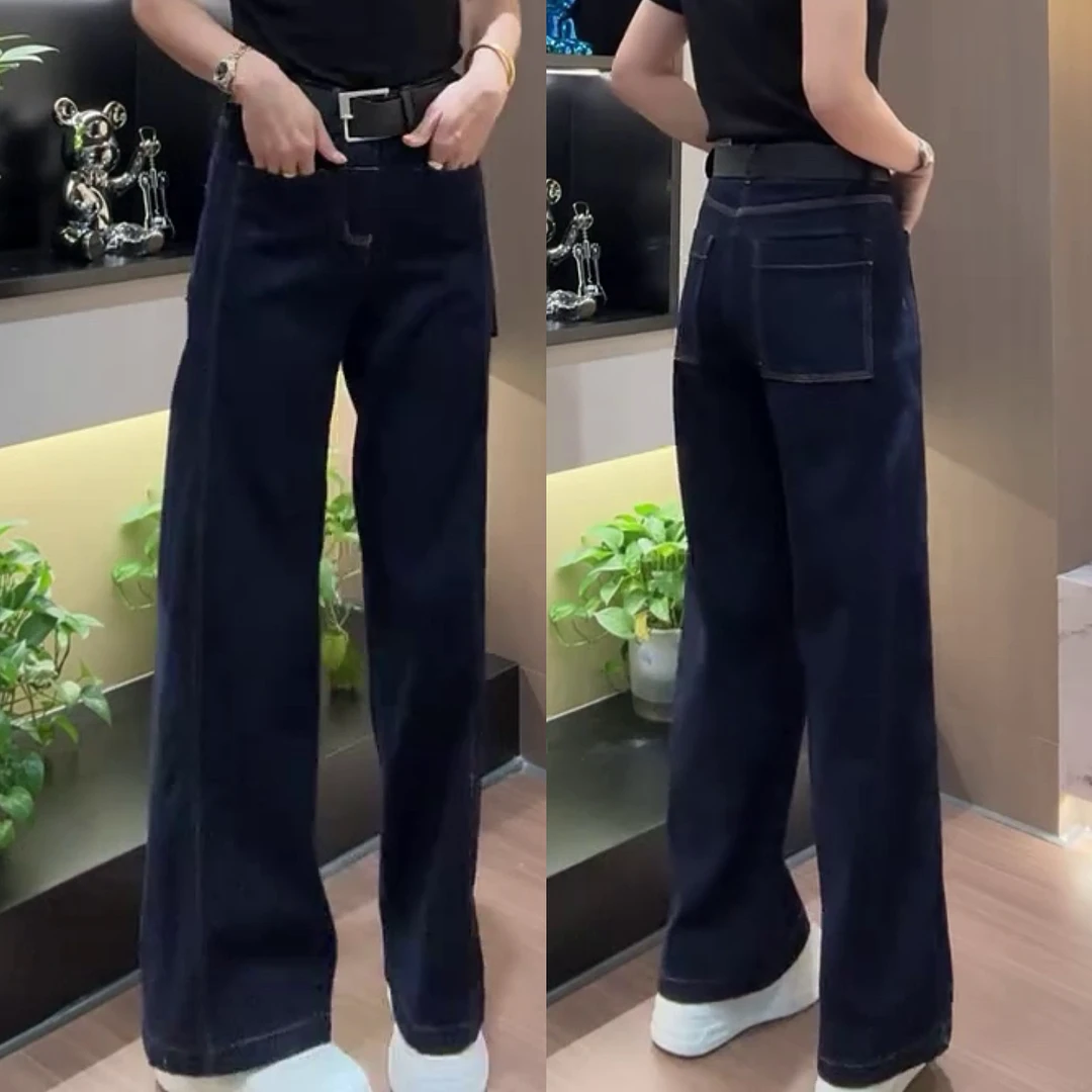 秋季新款大码深蓝色微弹牛仔裤女胖MM梨型身材高腰显瘦直筒阔腿裤