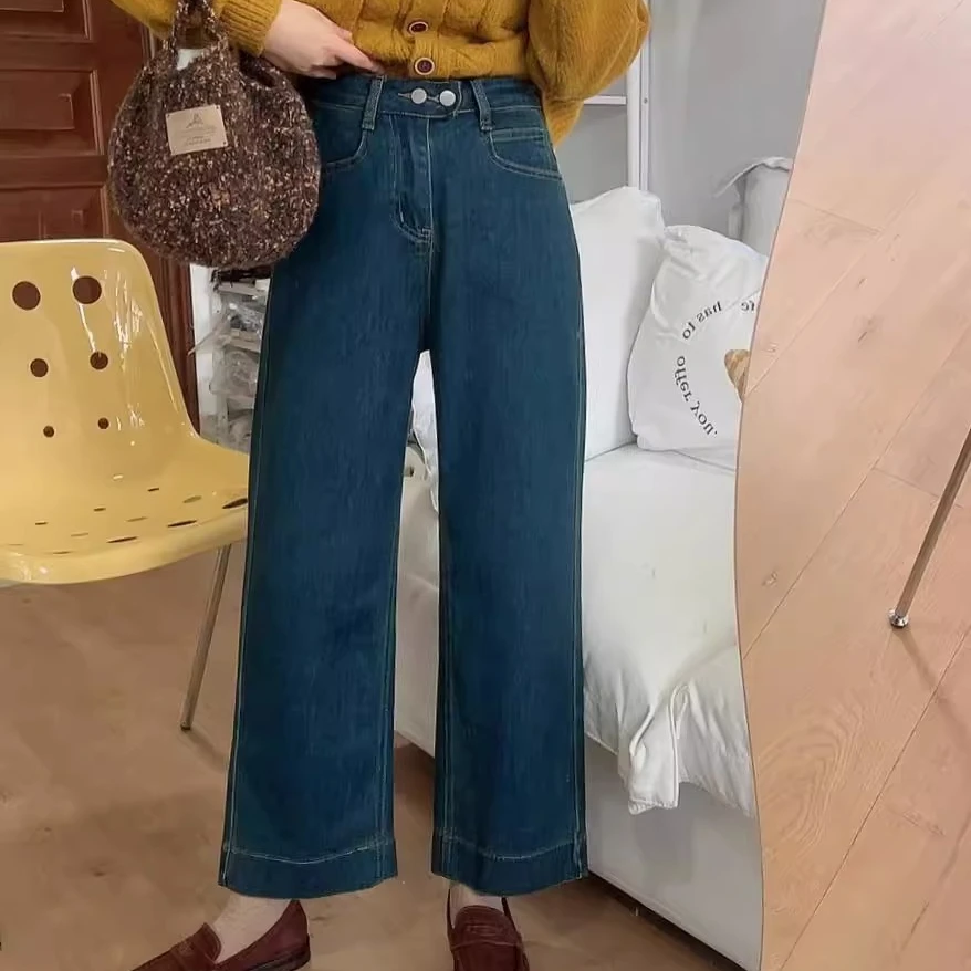 复古蓝弹力直筒奶奶牛仔裤女秋冬新款梨型身材小个子九分烟管裤