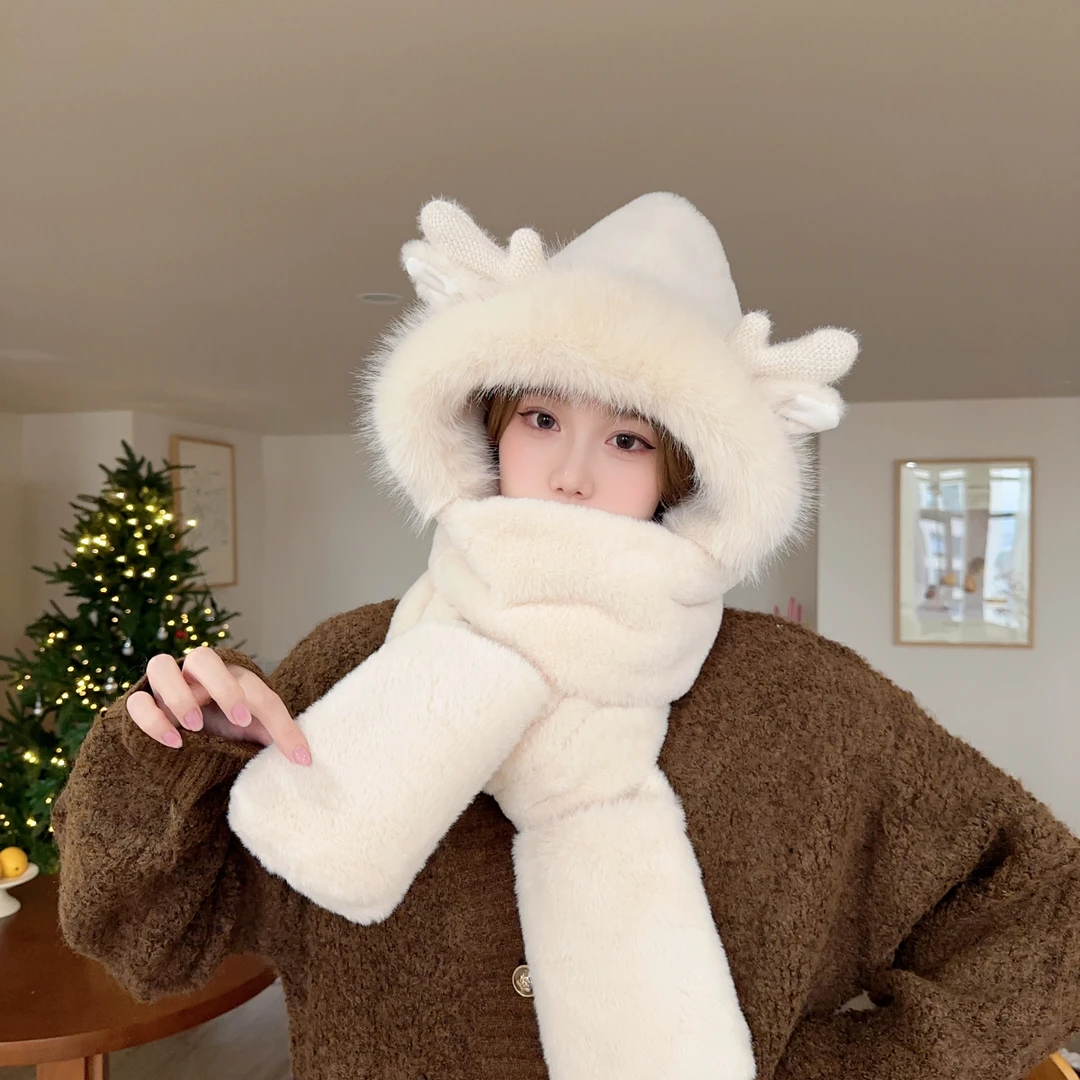 鹿角帽子冬天百搭女可爱毛绒围巾手套连帽保暖围脖一体三件套厚