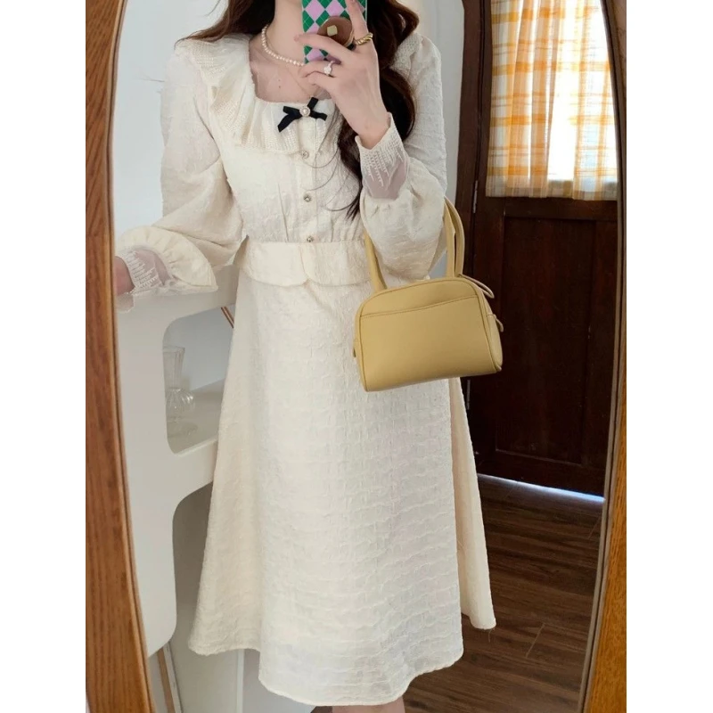 设计感精致风连衣裙仙女方领蕾丝网纱内搭长袖纯色连衣裙小众