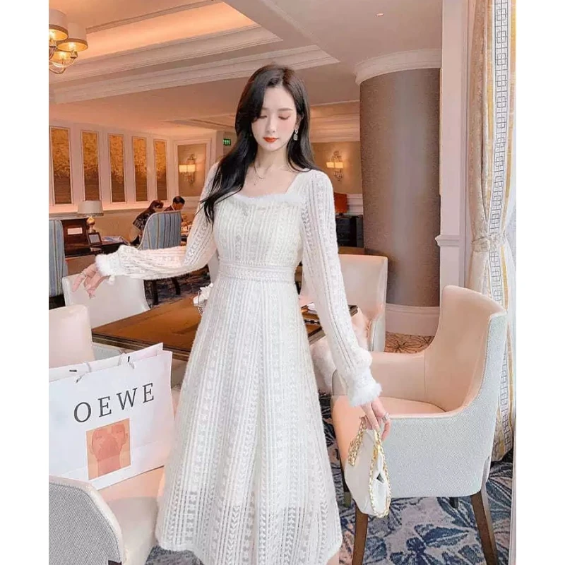 设计感秋法式加绒打底连衣裙气质内搭显瘦仙女裙绒感长裙子