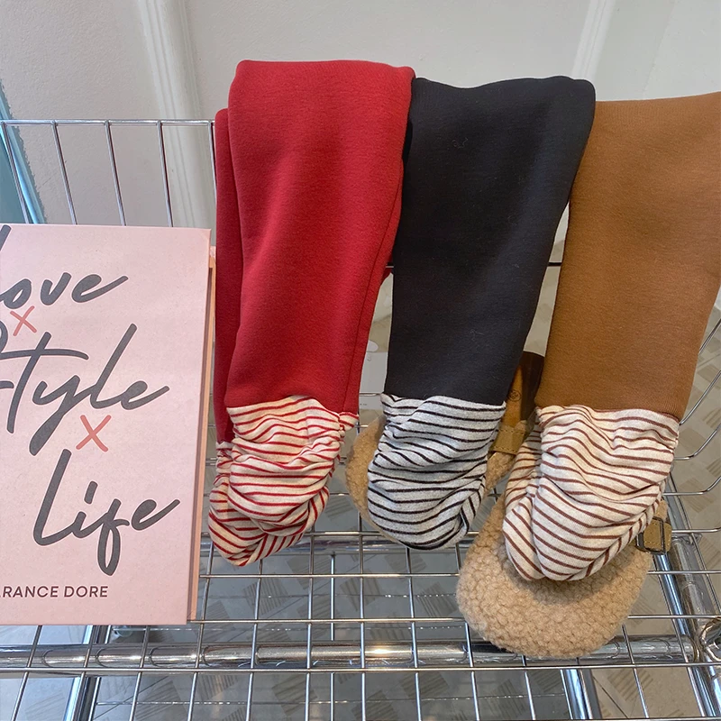 7220女童百搭加绒秋冬外穿打底裤弹力保暖洋气女宝宝新款裤子条纹