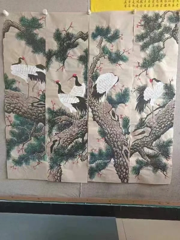 松鹤延年四条屏中堂茶室老人房玄关茶室四条屏挂画