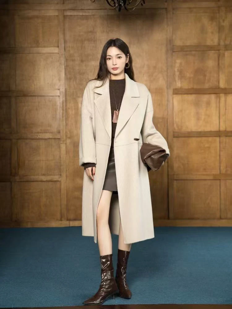 秋冬新款双面绵羊毛耗牛绒桑蚕丝大衣女中长款韩版宽松羊毛呢外套