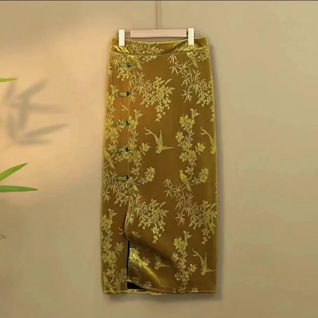 2023秋冬复古中国风松紧腰A字裙中长款金丝绒女士半身裙4777