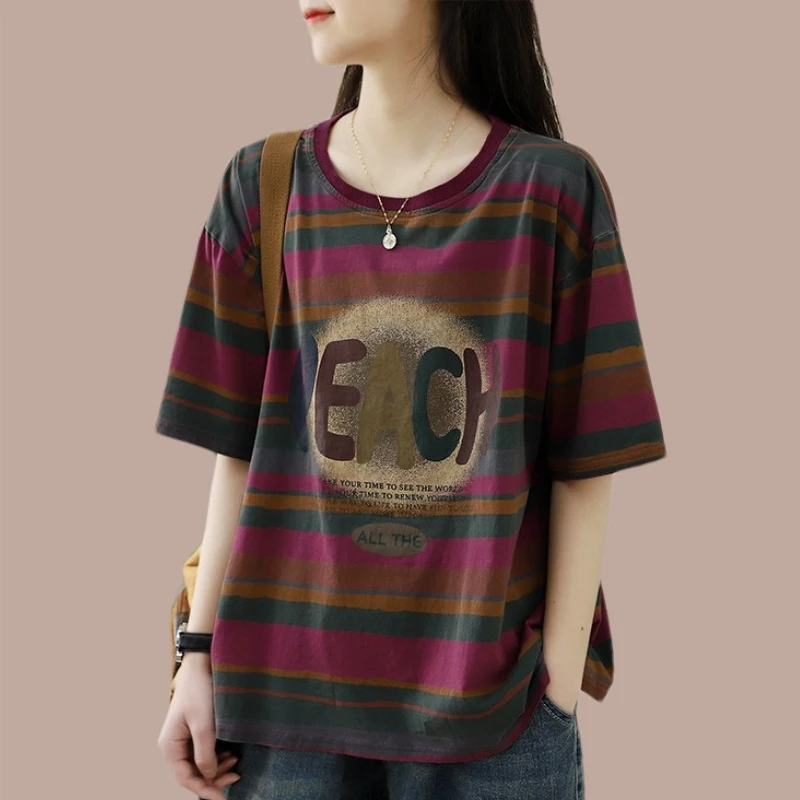 大码宽松短袖T恤女夏季新款复古文艺条纹体恤衫时尚印花纯棉上衣
