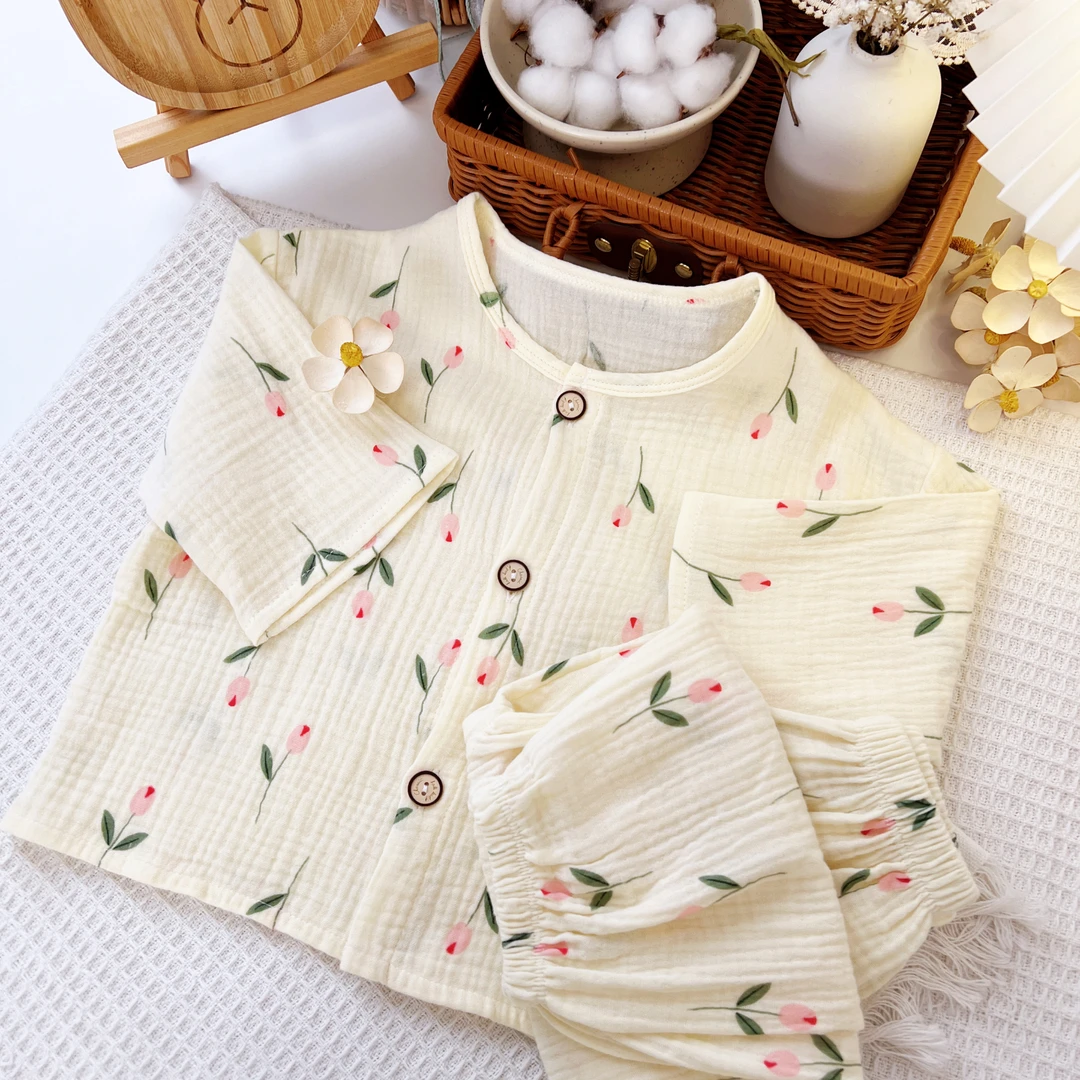 童装男女童洋气套装2024春夏款儿童睡衣纯棉九分袖宝宝开衫家居服