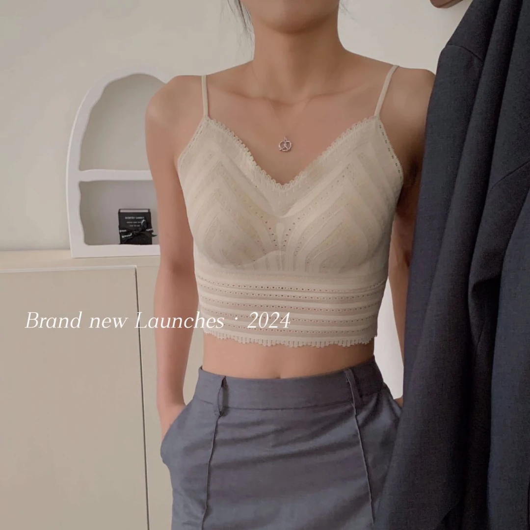 法式蕾丝吊带背心V领可外穿带胸垫美背抹胸聚拢文胸28001