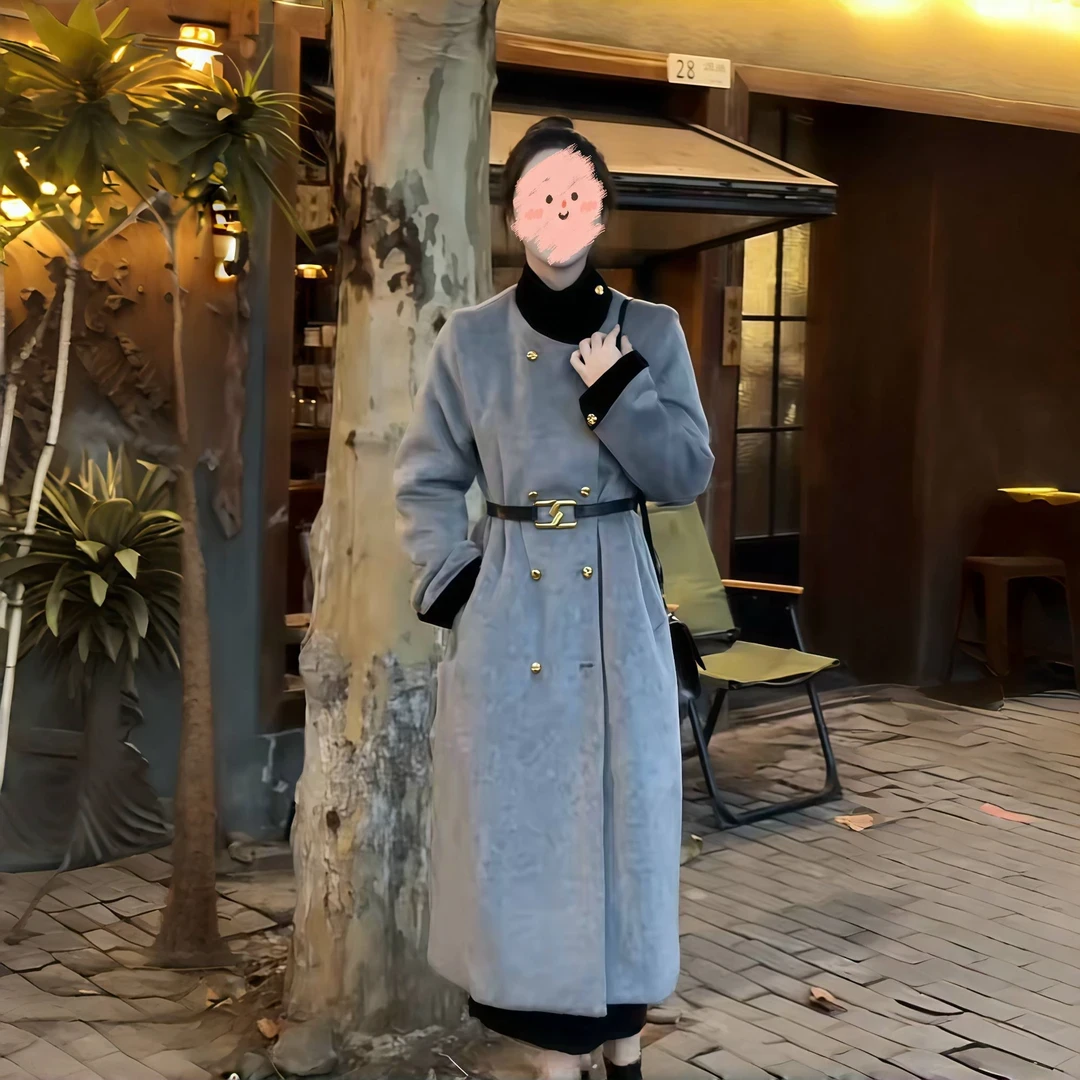 韩系气质名媛立领双排扣呢子大衣女秋冬新款洋气宽松长款毛呢外套