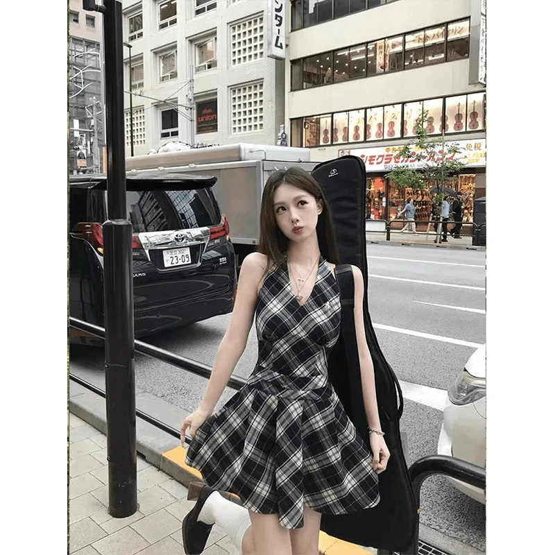 【昭和少女】辣妹格纹蝴蝶结无袖A字背心裙2024夏季新款时尚连衣裙