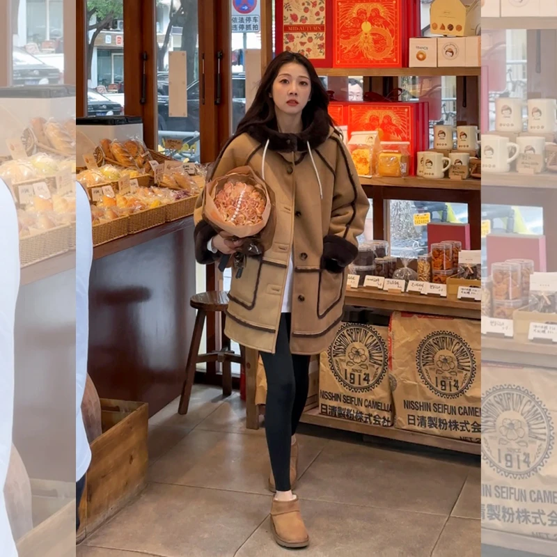 壹壹【圣托里尼日落】秋冬加绒连帽大口袋拼接宽松毛毛外套休闲大衣