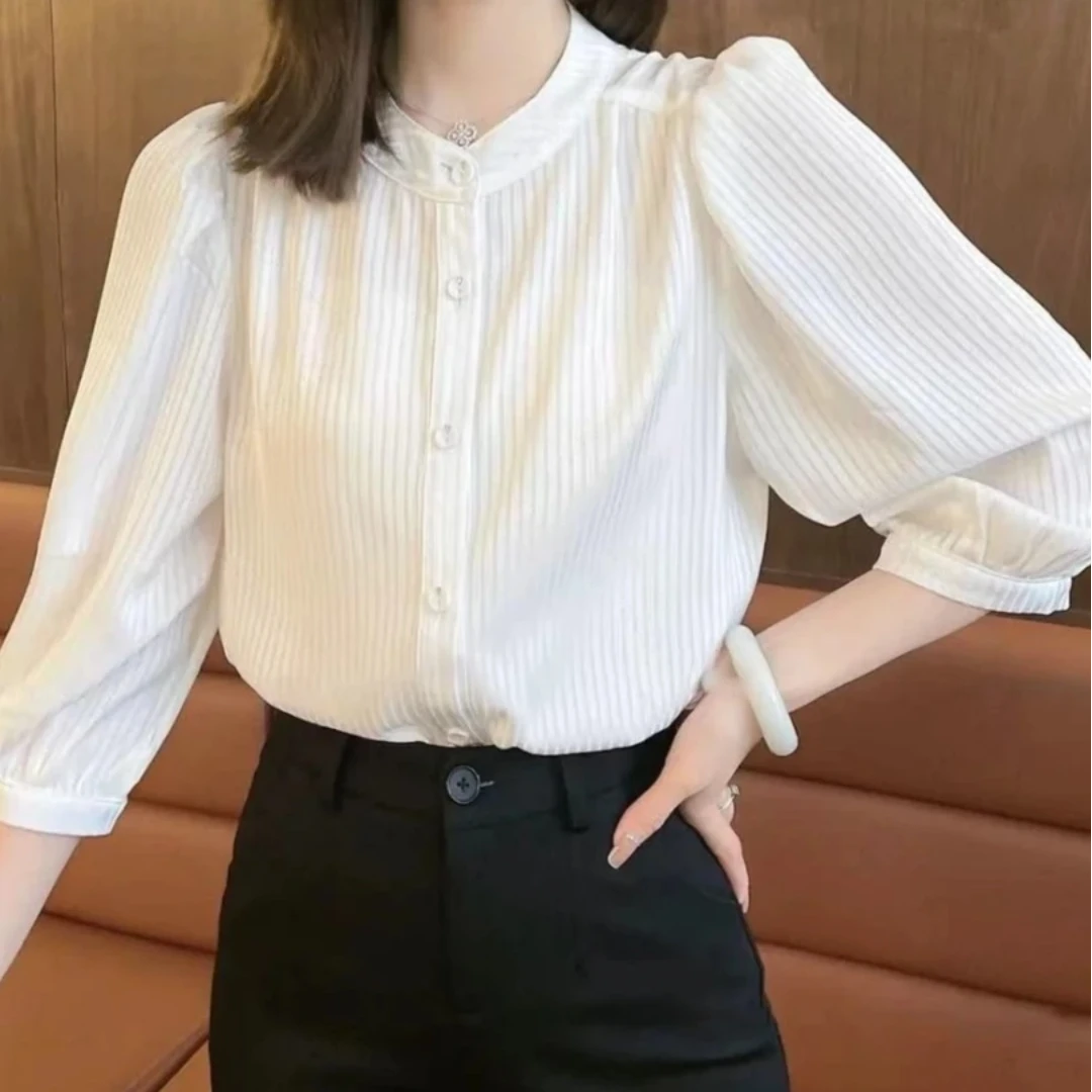 衬衫女夏季2025新款雪纺衫上衣白色时尚洋气九分袖衬衣裤子套装