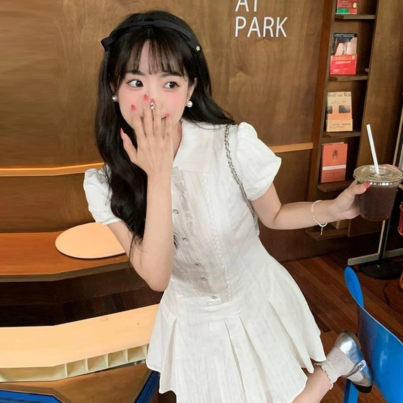 法式气质白色超好看遮肚子显瘦连衣裙子女夏季2024新款小个子短裙