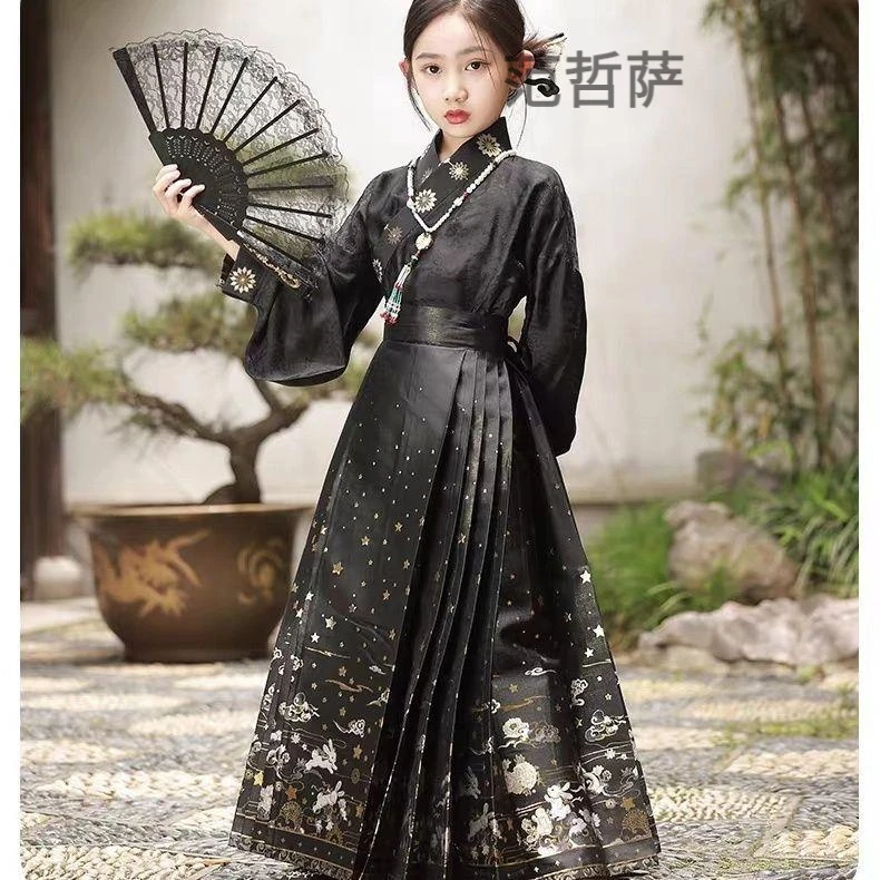 马面裙儿童夏天套装女童古装汉服黑色2024新款古风唐装半身裙大童