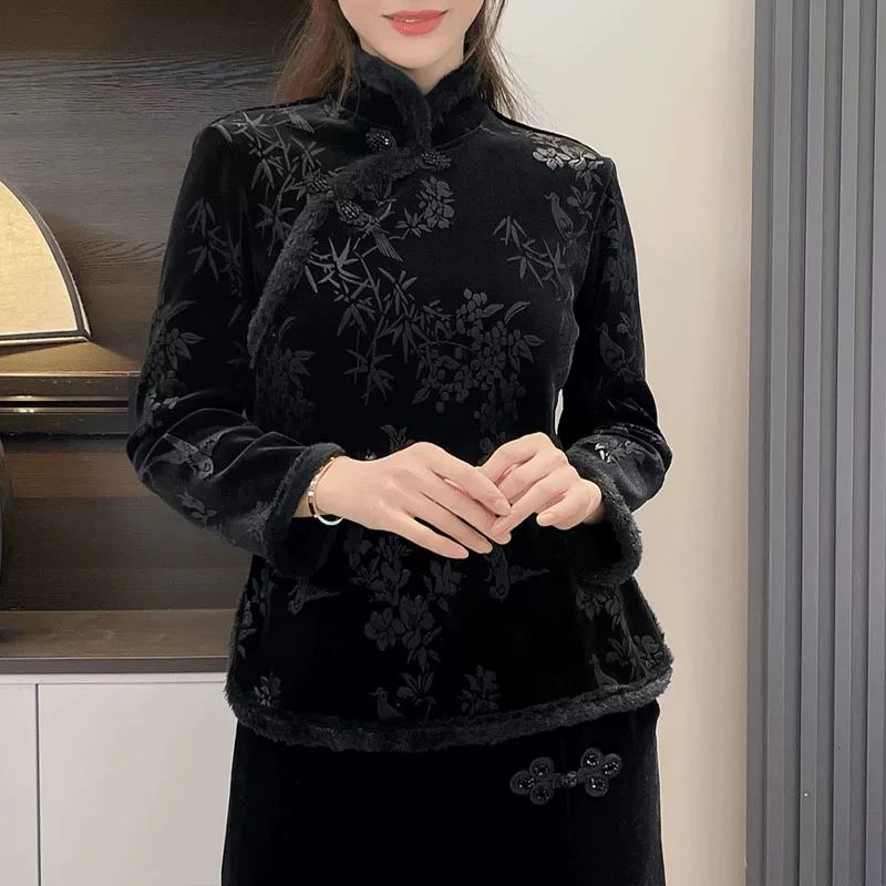 大码秋冬季新款加绒气质百搭中国风上衣复古旗袍盘扣中式妈妈装女