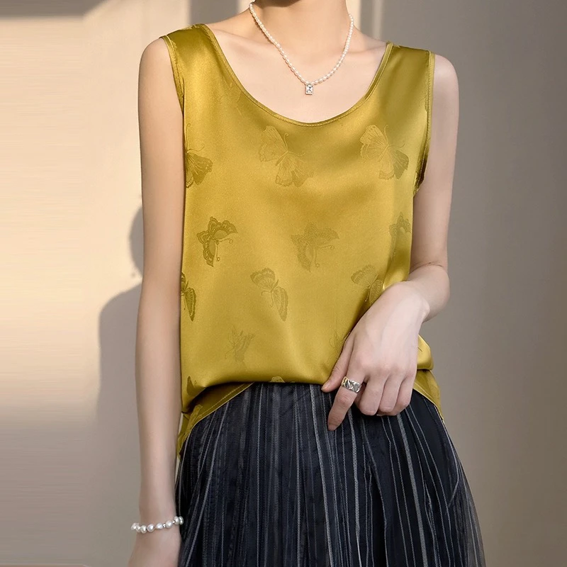 正版法式质感印花背心女西装内搭夏季提花打底圆领纯色缎面吊带