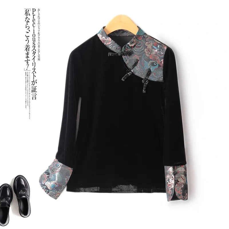 2024秋冬新款中式T恤大码金丝绒拼接提花修身民族风上衣国风小衫