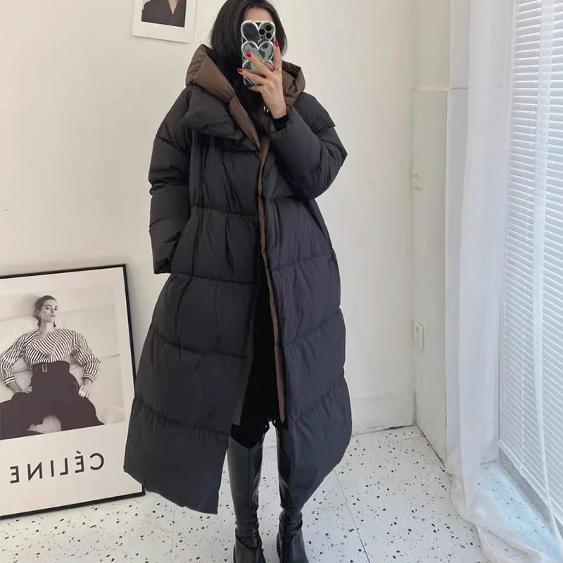 冬季新款羽绒服女中长款韩版宽松加厚大被子保暖撞色磁吸扣外套潮